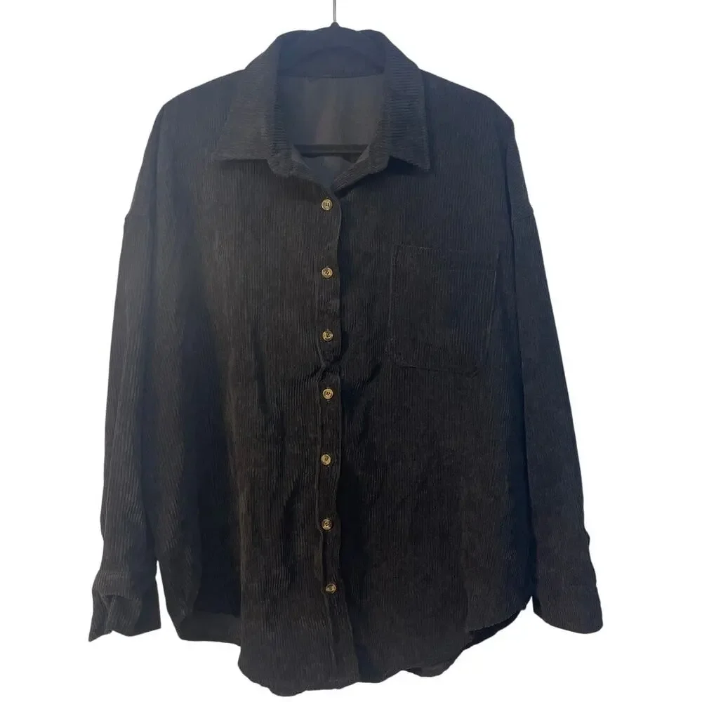 Men's Long Sleeve Low Shoulder Corduroy‎ Button Up Black Shirt Size XL